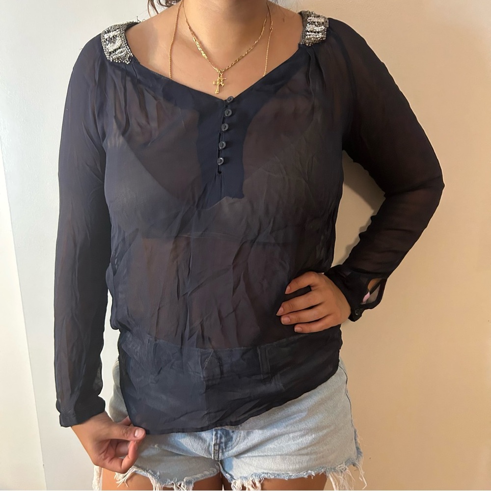 Zara Trafaluc Navy Sheer Blouse with Silver Beaded Accents
